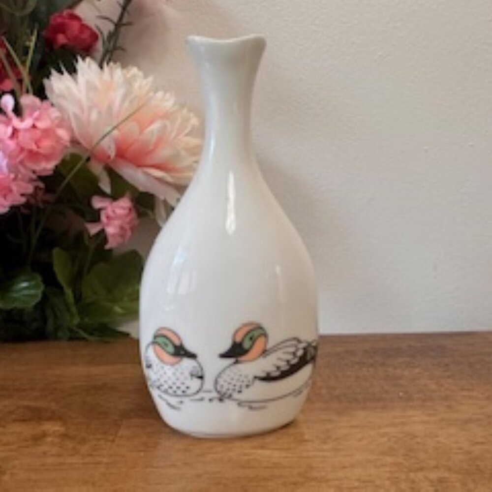 Vintage Hand Painted Bud Vase White Ceramic with Ducks Asian Inspired Minimalist